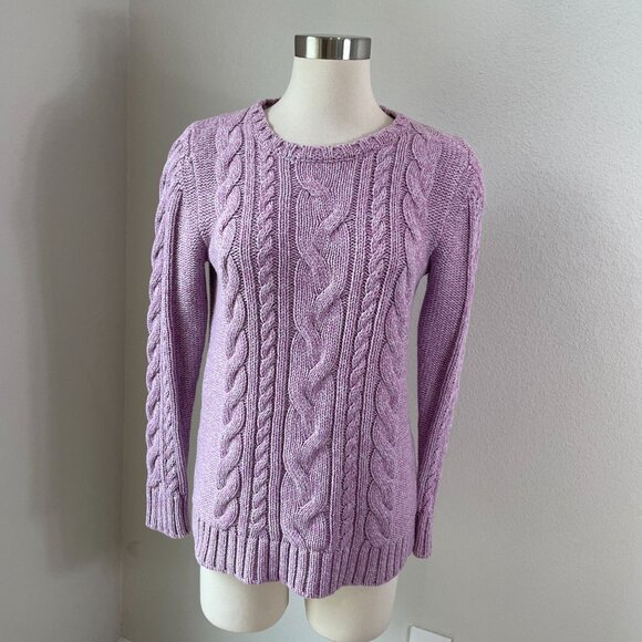 LL Bean Womens Medium Cable Knit Sweater Purple Heather Long Sleeve Crewneck - Picture 1 of 8